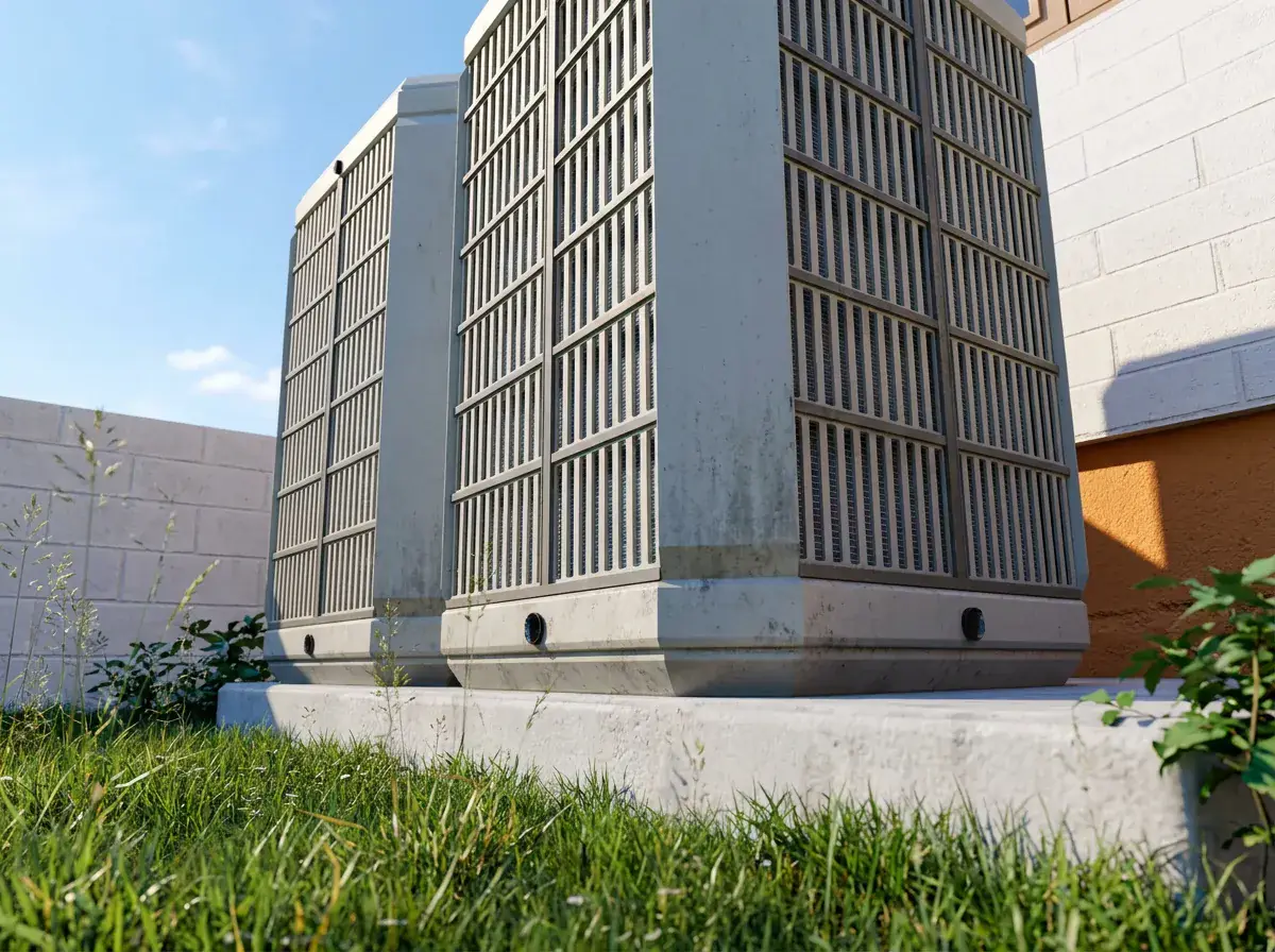 Two large air conditioning condensers standing on a concrete pad with grass grown up against the base