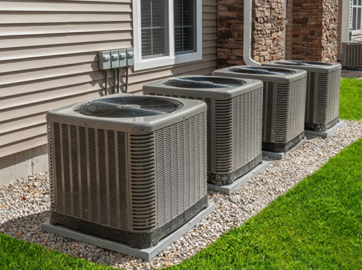 Four central air conditioning condensers lined up on a gravel bed along the side of a house