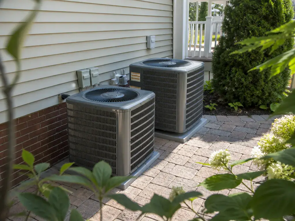 Two air conditioning condensers standing on a brick paver patio at the corner of a house