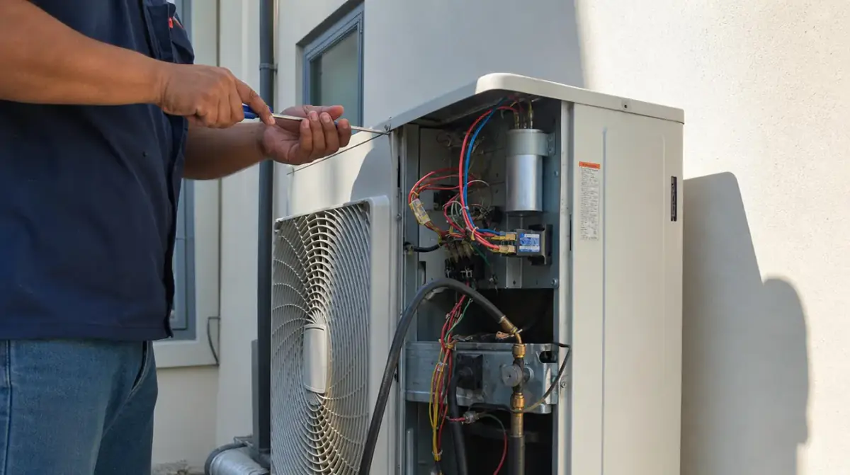 A technician holding a tool at an opened air conditioner condenser, with the wiring and contactor exposed