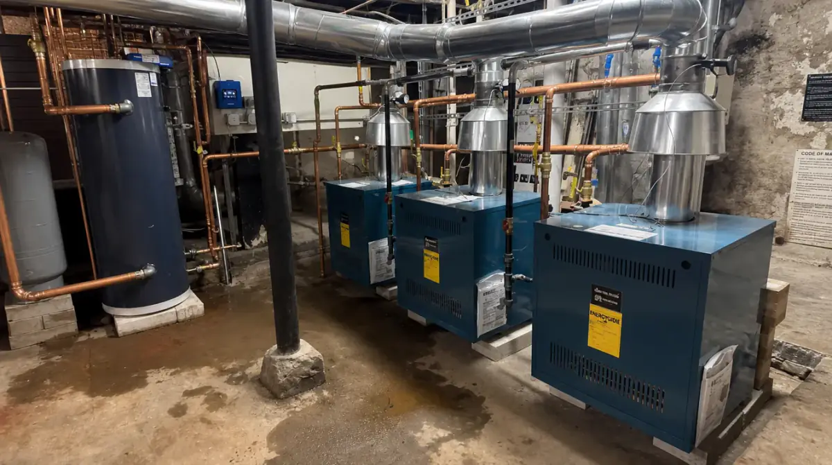 Three blue gas boilers installed side by side in a basement mechanical room with a water heater to the left