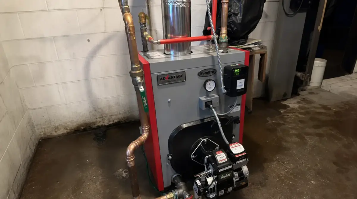 A red cast-iron boiler with a pressure gauge and burner assembly in a basement mechanical space