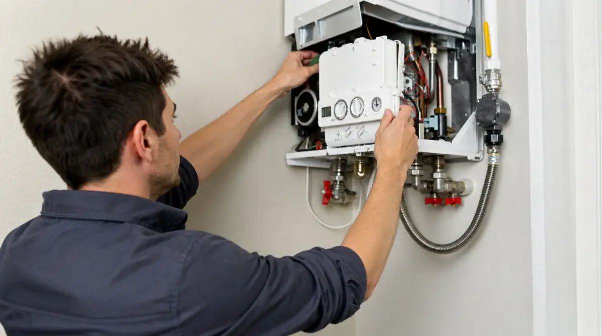 A technician with the front cover off a wall-hung combi boiler, working on the controls inside