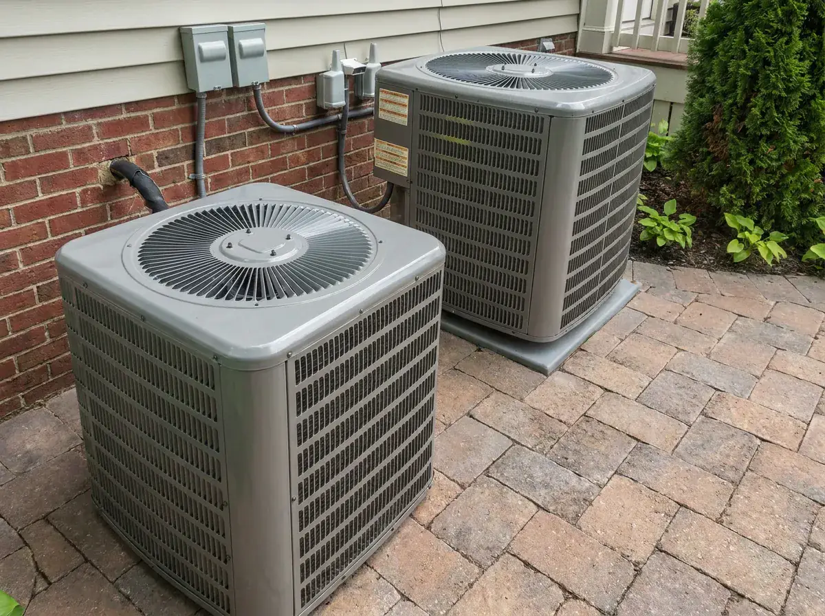 Two central air conditioner condensers on a paver patio beside a brick house, with the disconnect boxes on the wall above