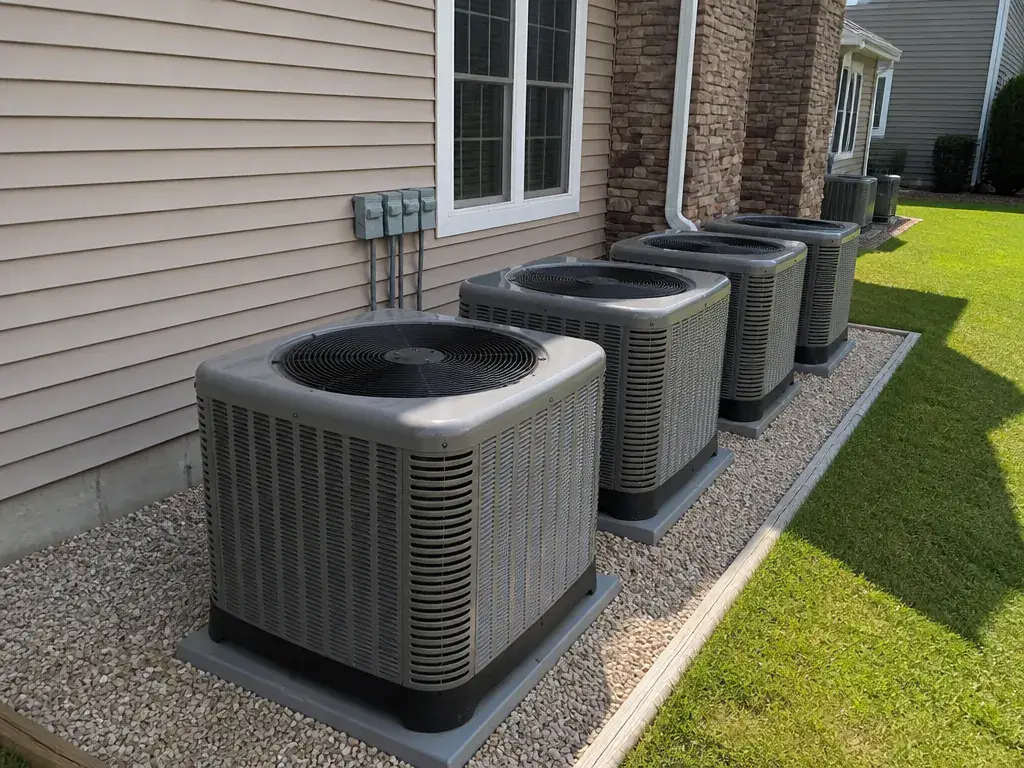 Four central air conditioning condensers on a gravel strip running the length of a house wall