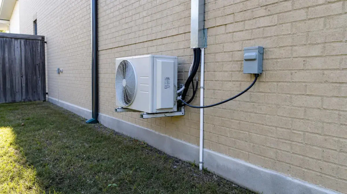 A ductless heat pump outdoor unit wall-mounted on a brick house with the electrical disconnect beside it