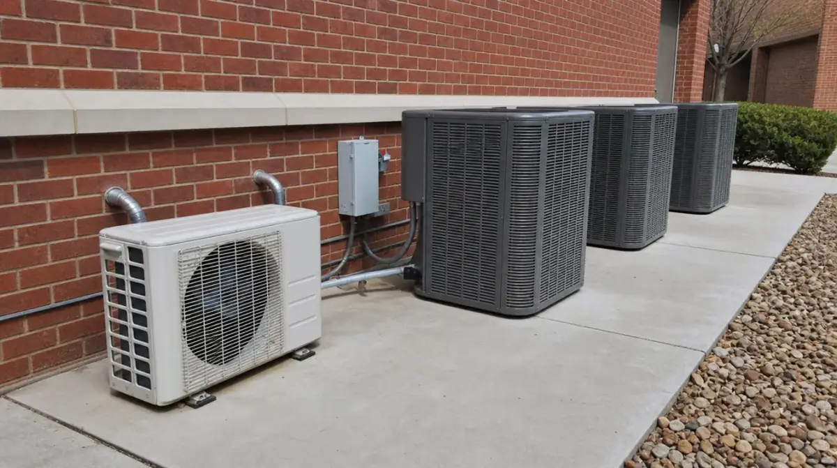 A wall-mounted ductless mini-split outdoor unit beside three larger condensers against a brick wall