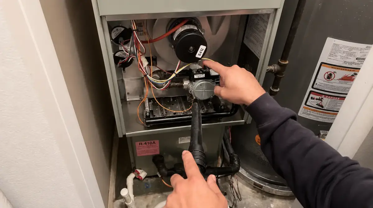 Hands working inside an open furnace cabinet at the inducer assembly, with a vacuum hose held alongside