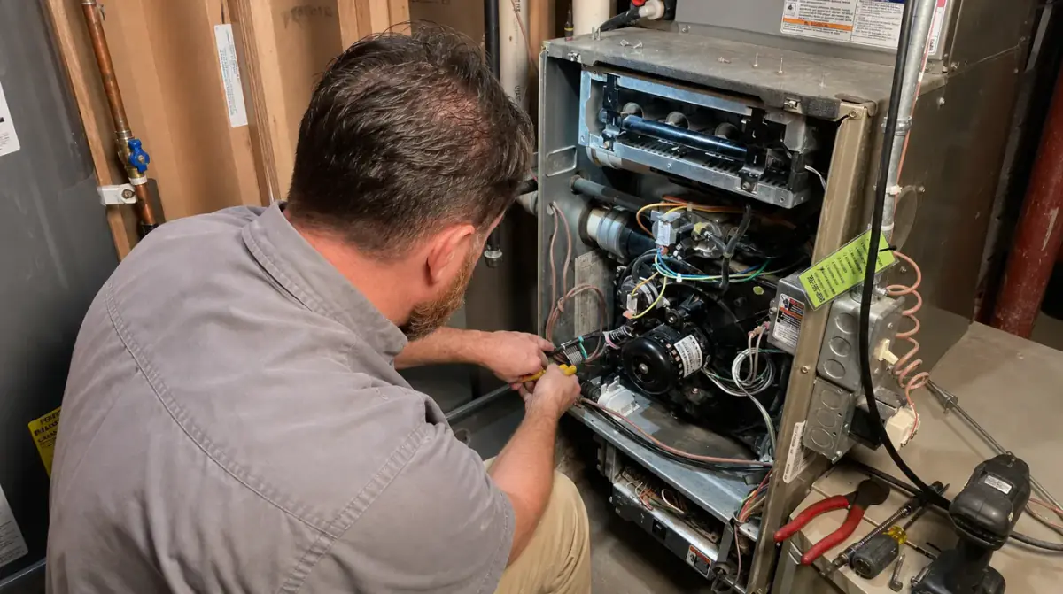 A technician working inside an open furnace cabinet with the wiring and gas valve visible