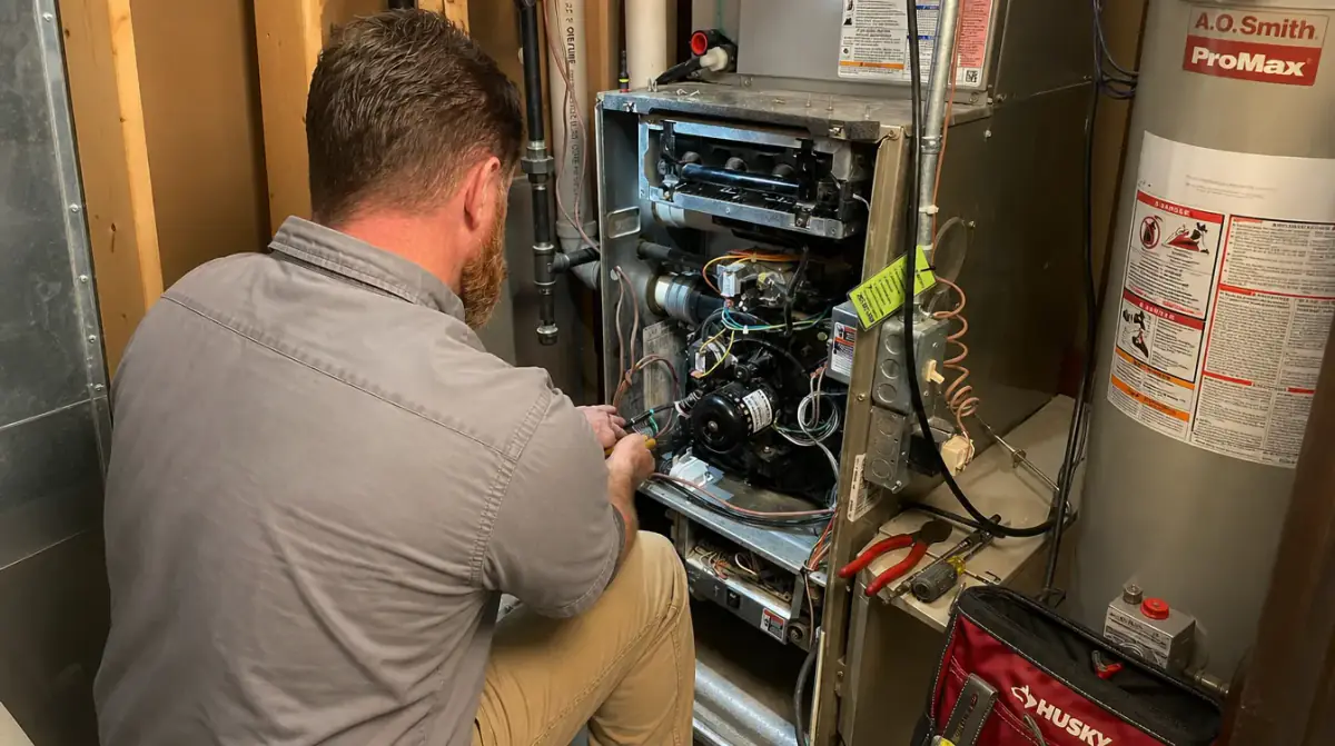A technician kneeling at an opened furnace with the burner compartment exposed, a water heater standing beside it