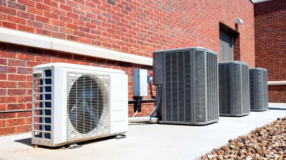 A ductless heat pump outdoor unit standing beside three conventional condensers along a brick wall