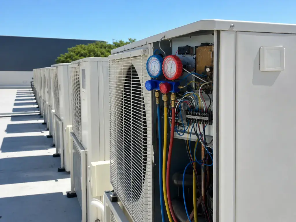 A refrigerant manifold gauge set connected to an outdoor condensing unit, with red and blue hoses running to the service ports