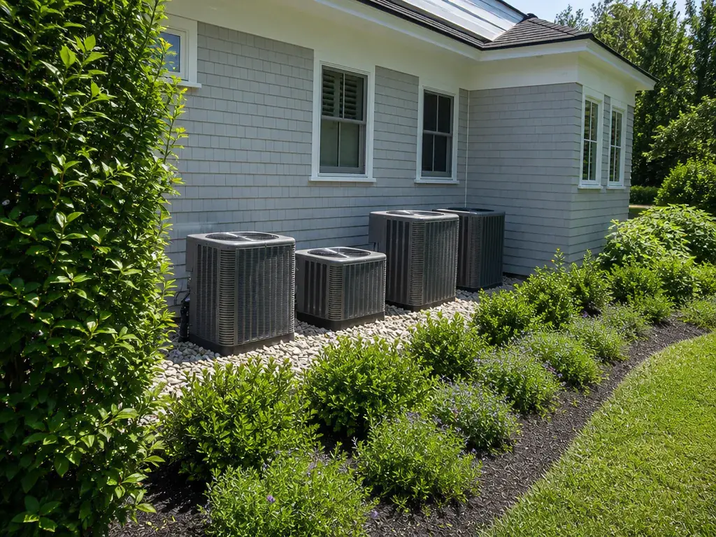 Three air conditioning condensers on a stone bed beside a grey clapboard house surrounded by planting