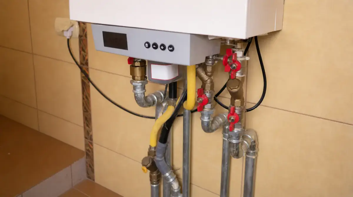 A wall-hung condensing combi boiler with copper and steel pipework and red service valves below it
