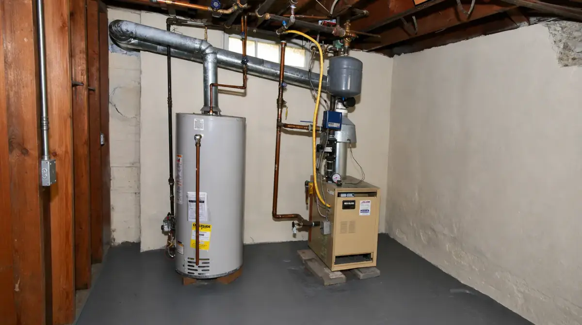 A gas water heater and an older boiler side by side against a painted basement wall